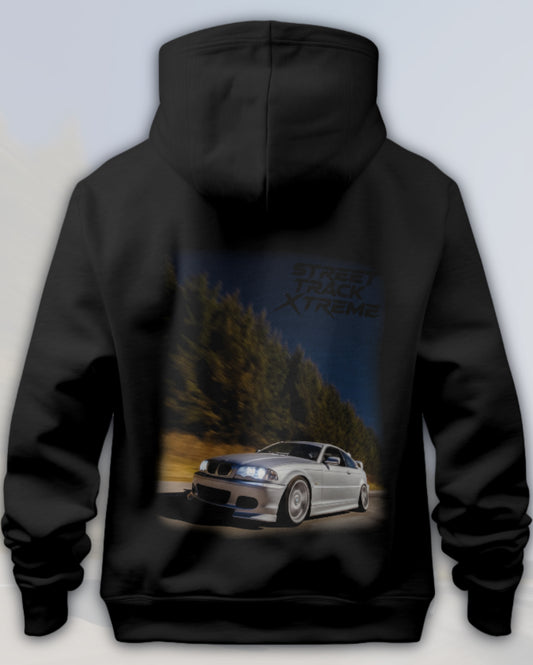 Black premium stxstx hoodie with a bmw e46 drift car graphic and 'Street Track Xtreme' text on the back, grey background.