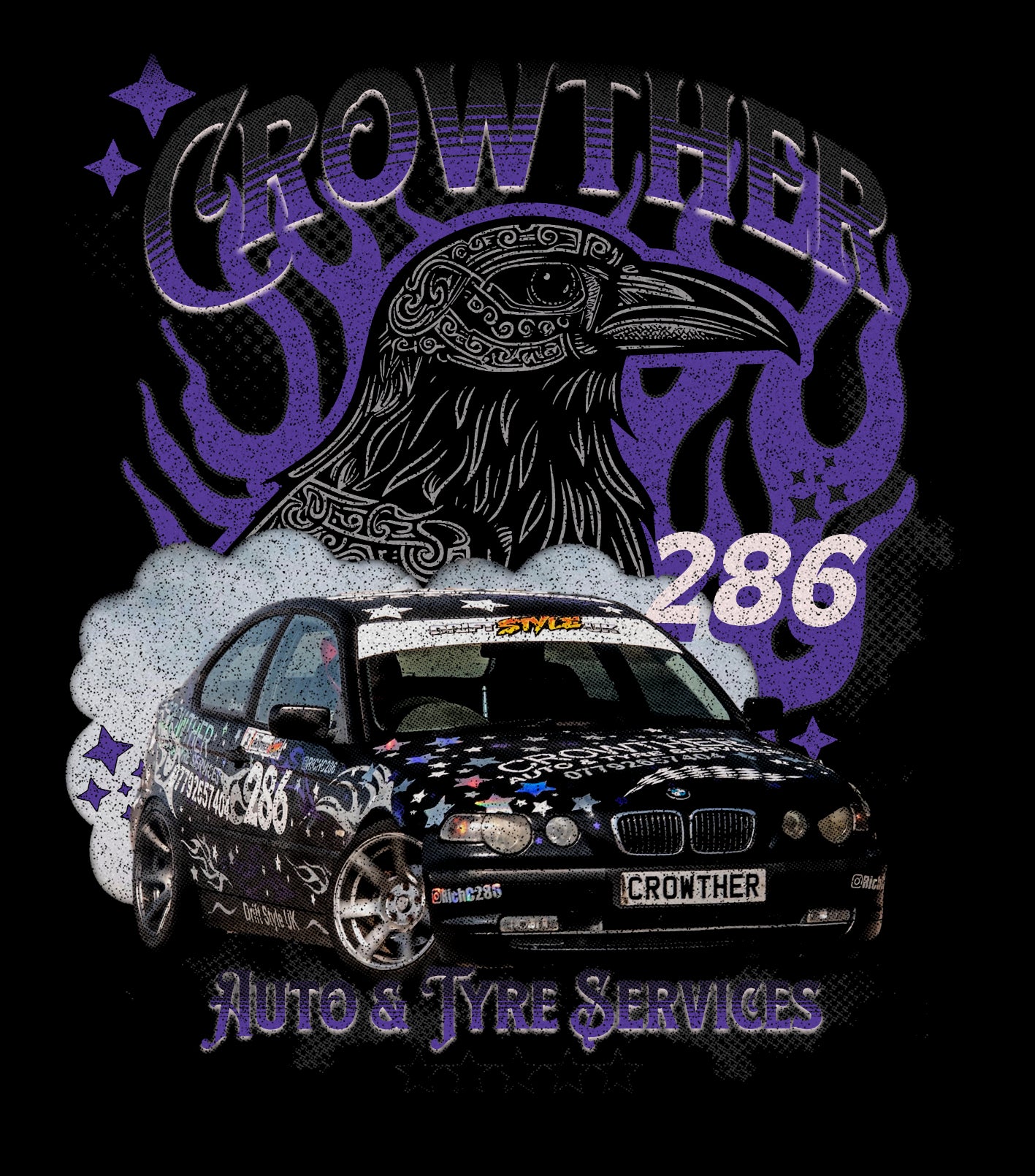 drift Car design with 'Crowther Auto & Tyre Services' branding and a crow illustration on a black background. stxstx