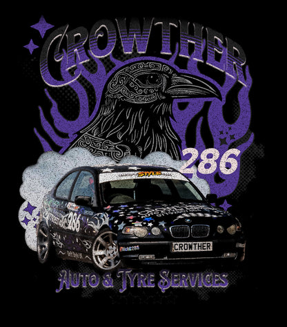 drift Car design with 'Crowther Auto & Tyre Services' branding and a crow illustration on a black background. stxstx