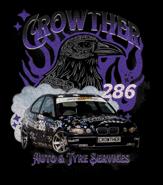 drift Car design with 'Crowther Auto & Tyre Services' branding and a crow illustration on a black background. stxstx