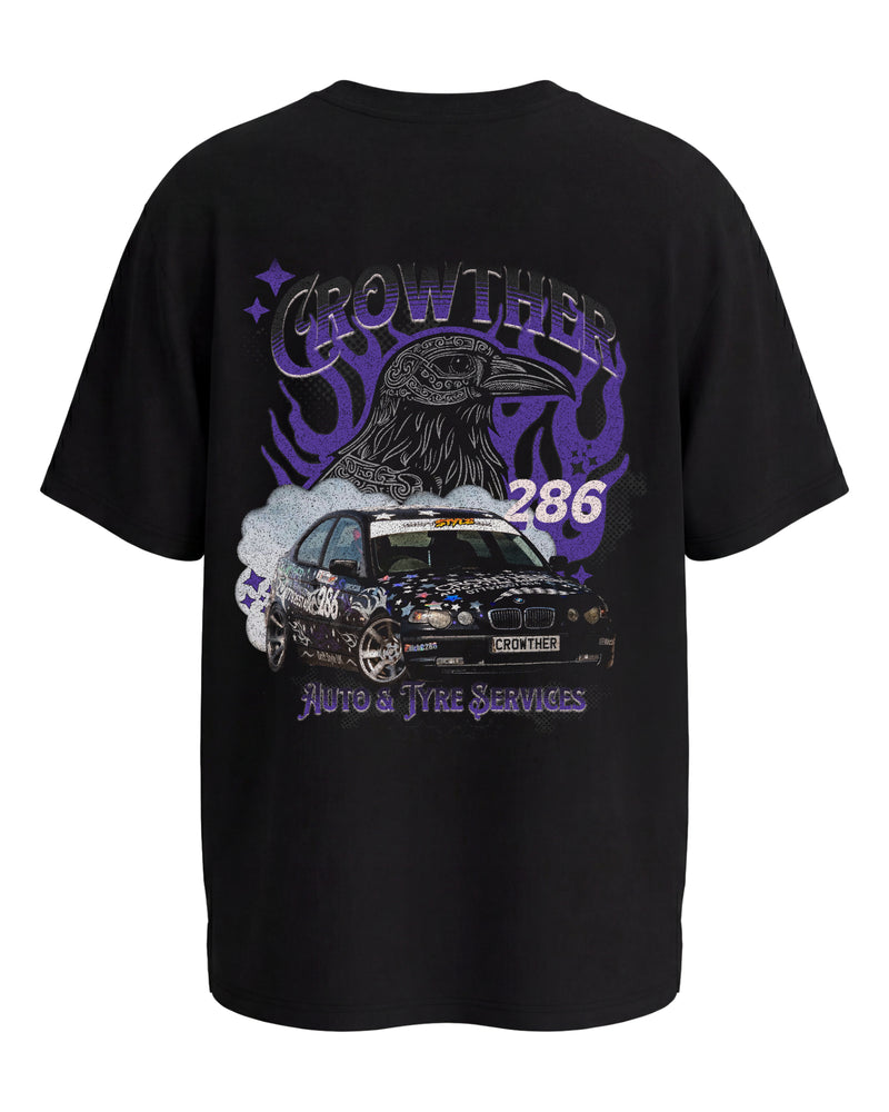 stxstx Black premium t-shirt with a graphic design of a bmw drift car and text on a white background