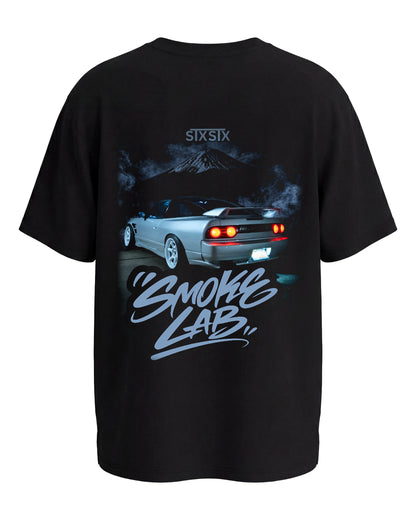 premium stxstx Black t-shirt with a nissan s13 car graphic and 'Smoking Lab' text on a white background mock up