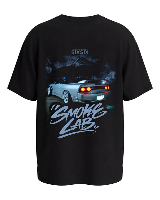 premium stxstx Black t-shirt with a nissan s13 car graphic and 'Smoking Lab' text on a white background mock up