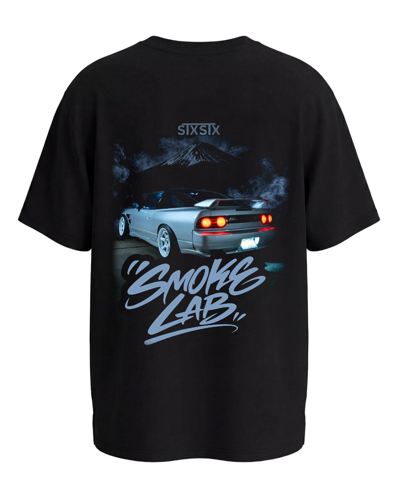 premium stxstx Black t-shirt with a nissan s13 car graphic and 'Smoking Lab' text on a white background mock up