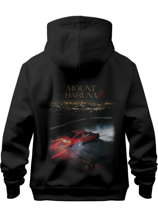 stxstx black premium hoodie with a rear design of an ae86 drift car drifting the mountains - 3d mock up