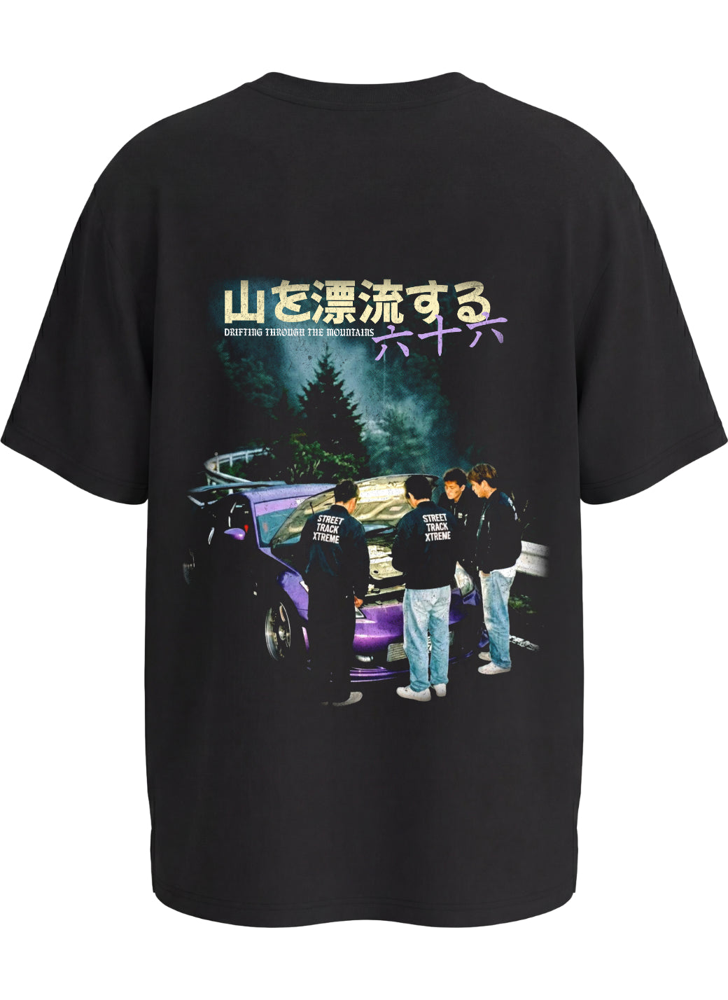 black premium tshirt with a design of a nissan 350z parked up in the mountains with mates admiraring the work