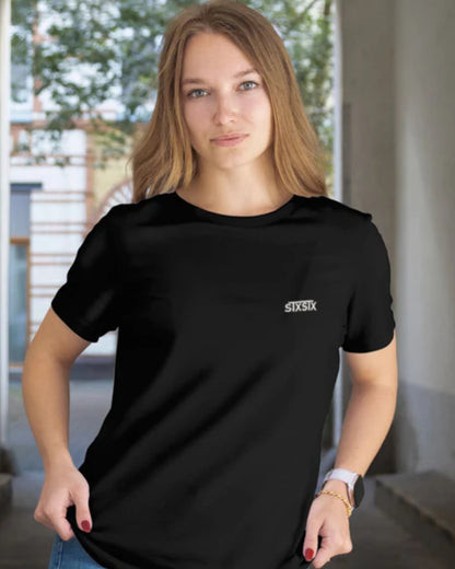 women wearing a premium stxstx black drift tshirt 